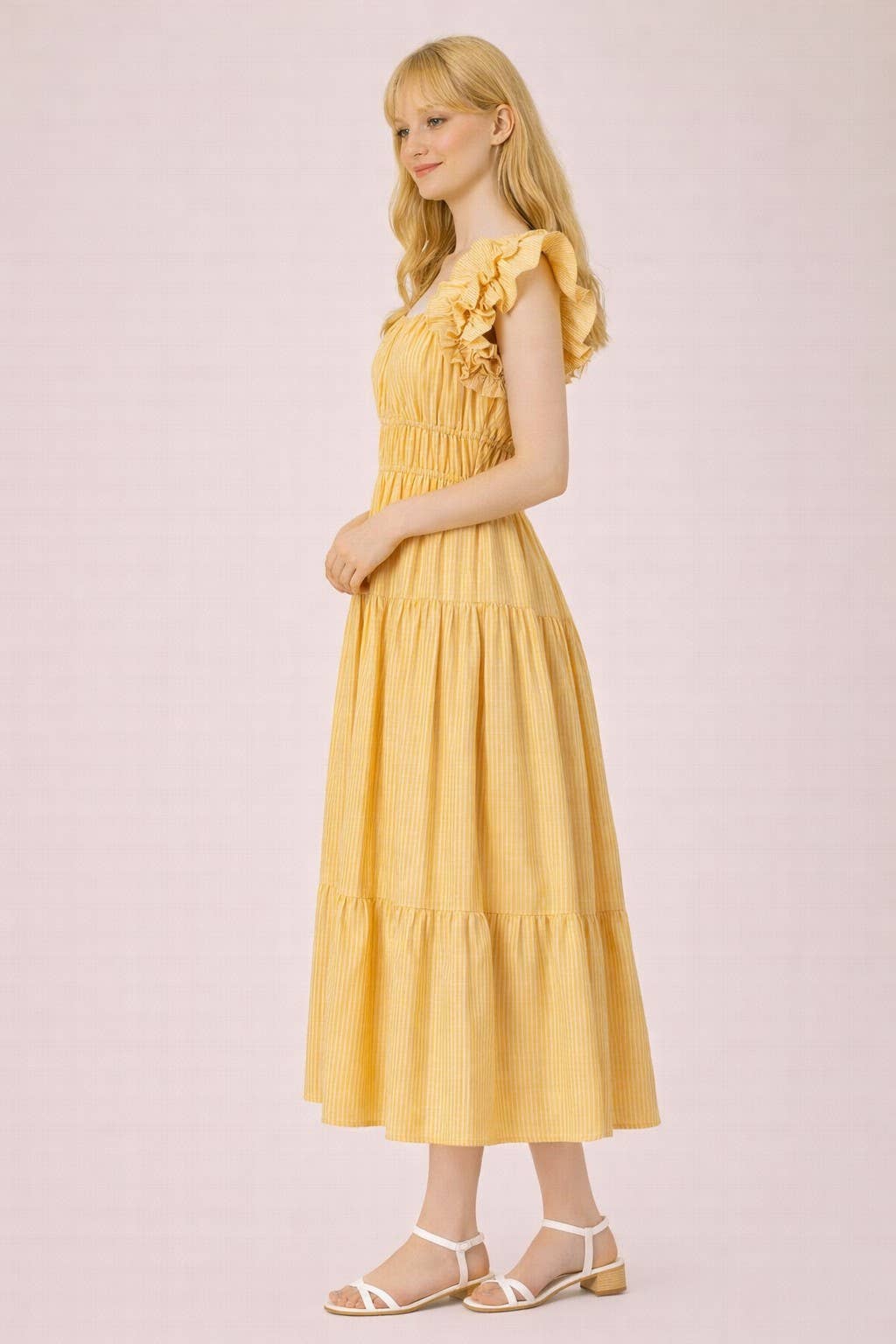 ND32033-Shoulder Ruffle Detail Stripe Midi Dress - Baycreek & Co