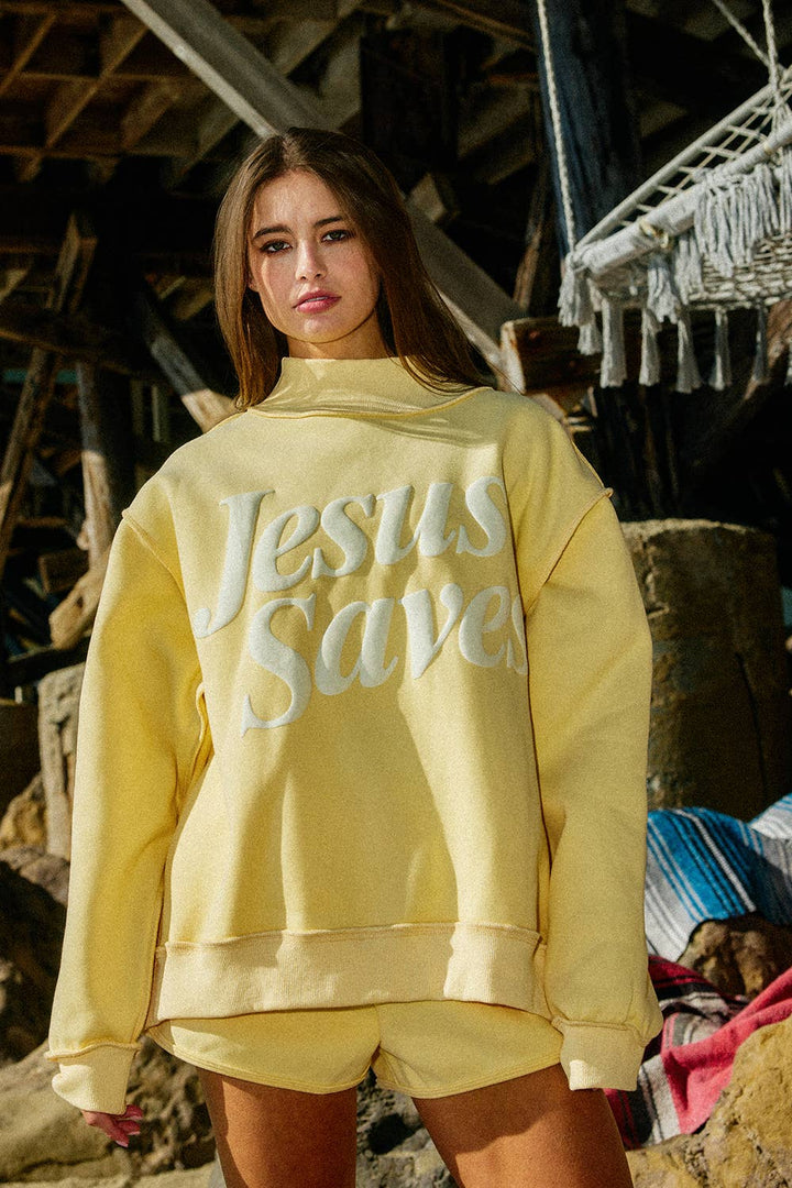 IT2594P-JESUSSAVES | 'JESUSSAVES' Print Mock Neck Sweatshirt - Baycreek & Co
