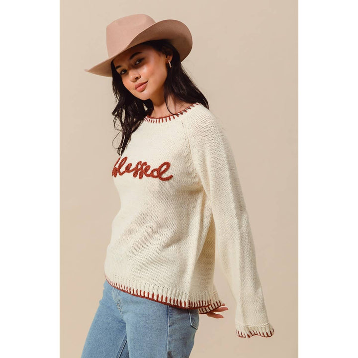 BLESSED THANKSGIVING LETTERING SWEATER TOP: OATMEAL/BRICK / M - Baycreek & Co