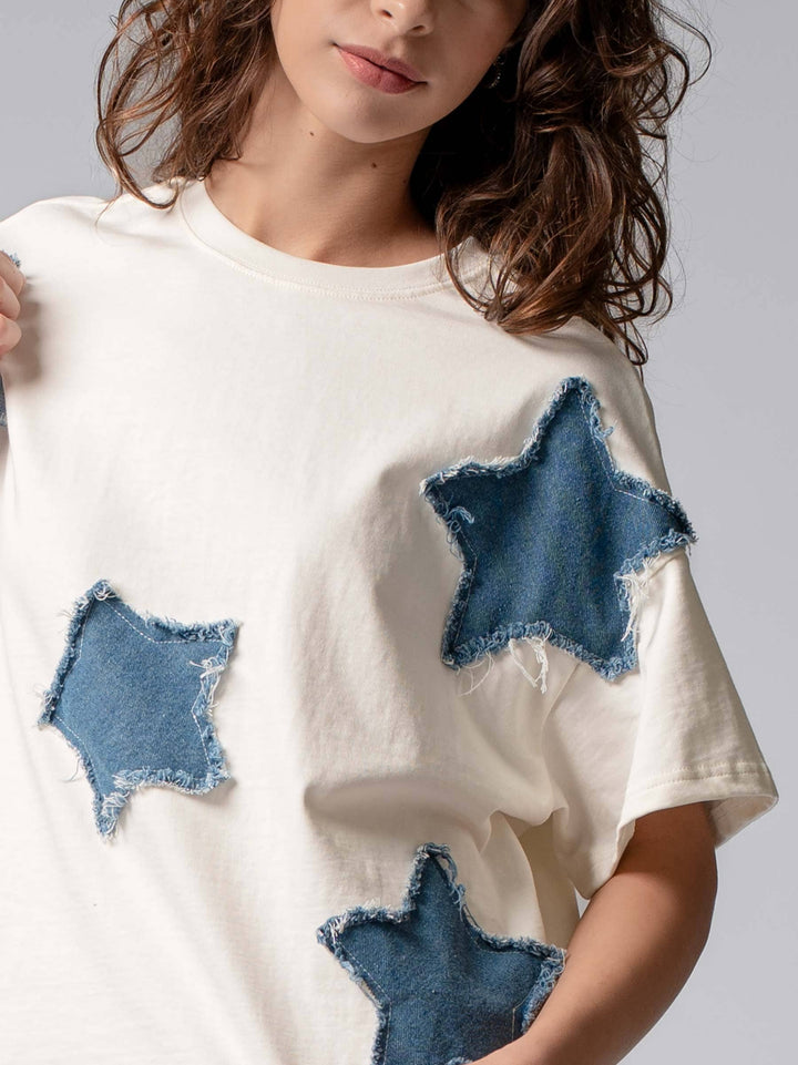 Distressed Denim Star Appliqué Cotton Tee - Baycreek & Co