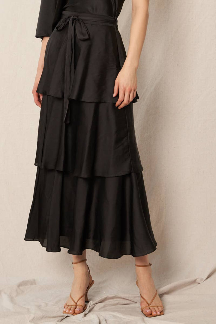 Belted Satin Tiered Midi Skirt
