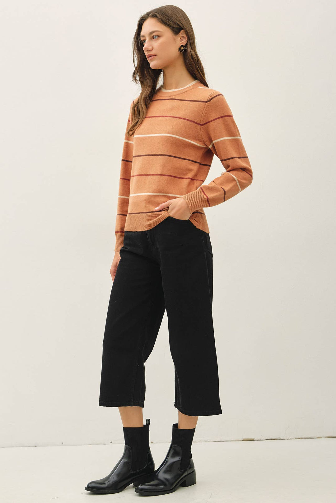 DOUBLE LAYERED LOOK  STRIPE SWEATER TOP : TERRACOTTA / M - Baycreek & Co