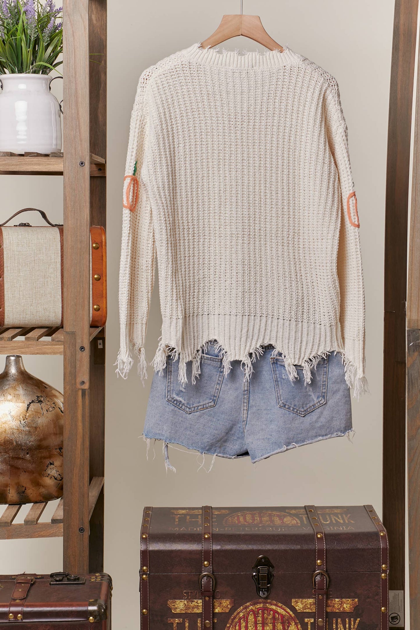 V Neck Distressed Hem Sweater with Pumpkin Patch