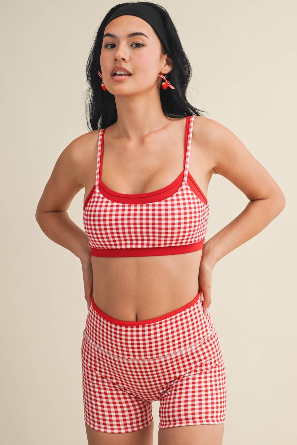 Gingham Print Double Layered Sports Bra - Baycreek & Co