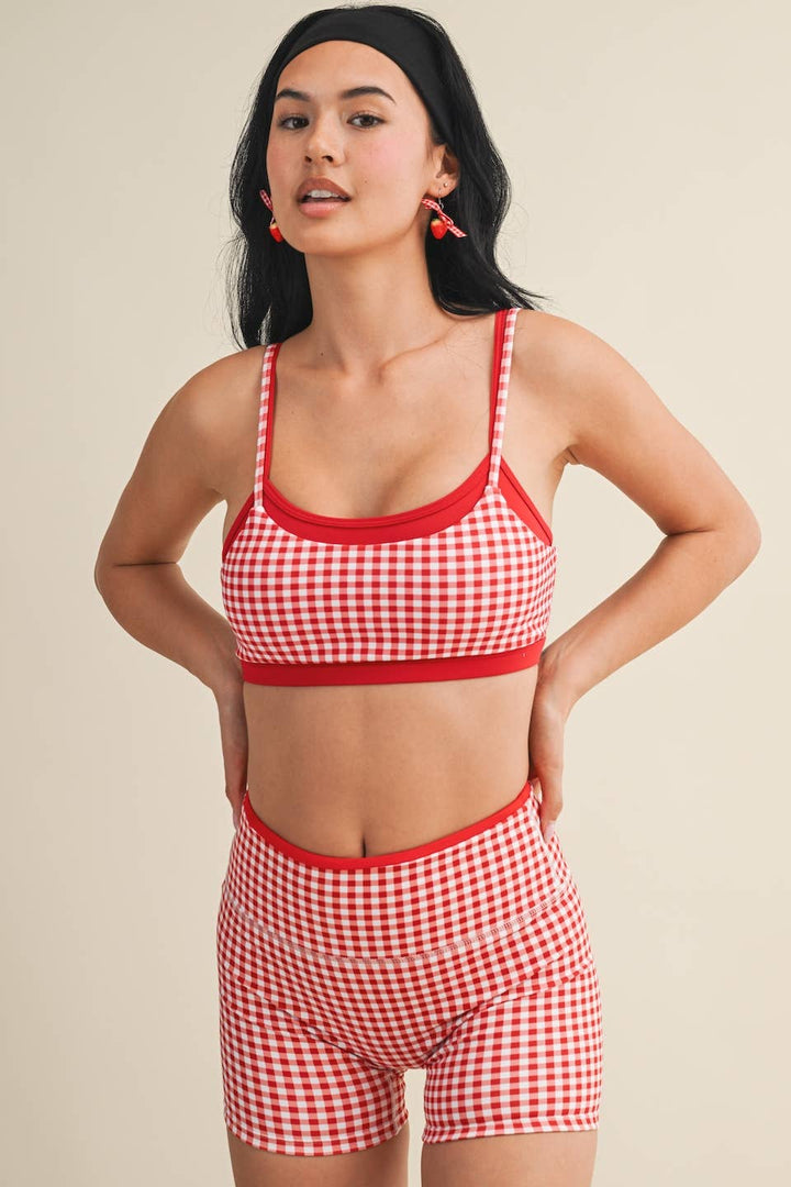 Gingham Print Double Layered Sports Bra - Baycreek & Co