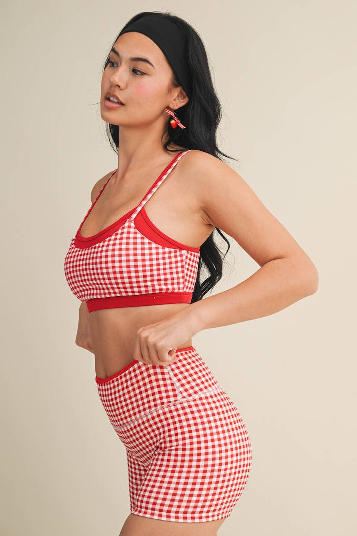 Gingham Print Double Layered Sports Bra - Baycreek & Co