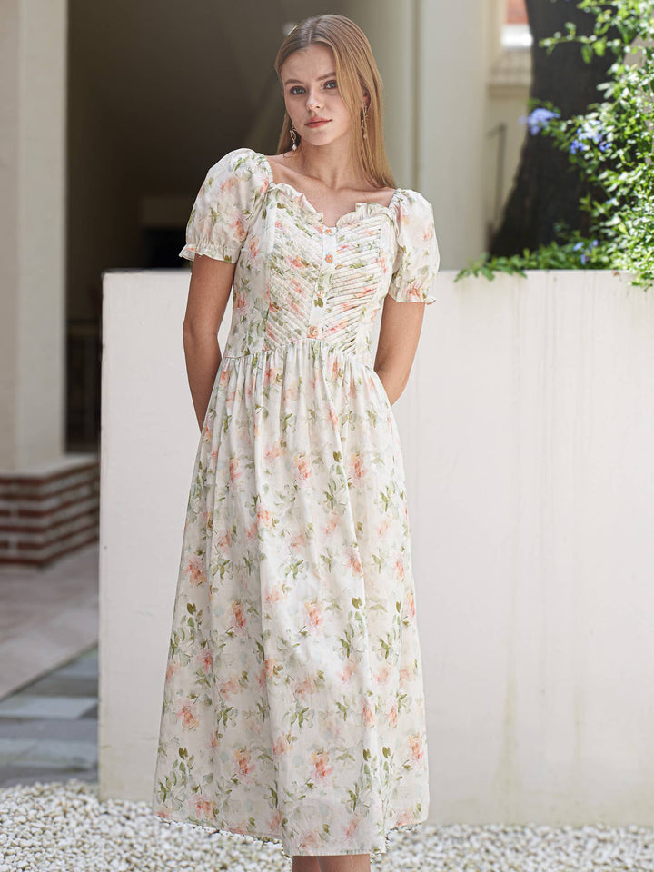 Floral Ruched Puff Sleeve Dress