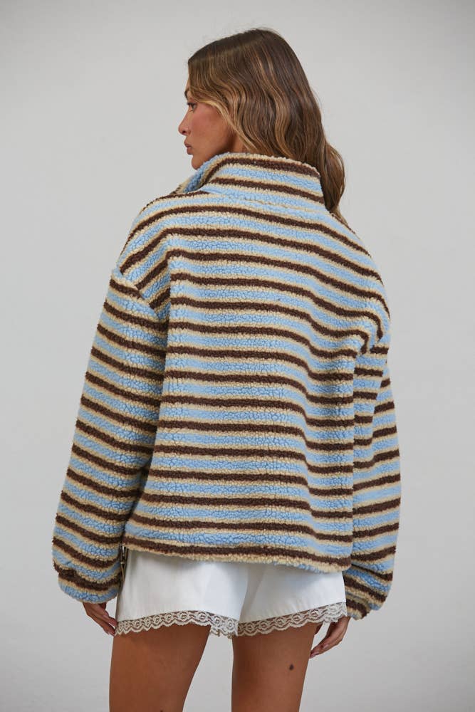 T3535 Relaxed Sherpa Striped Half Zip Pullover - Baycreek & Co
