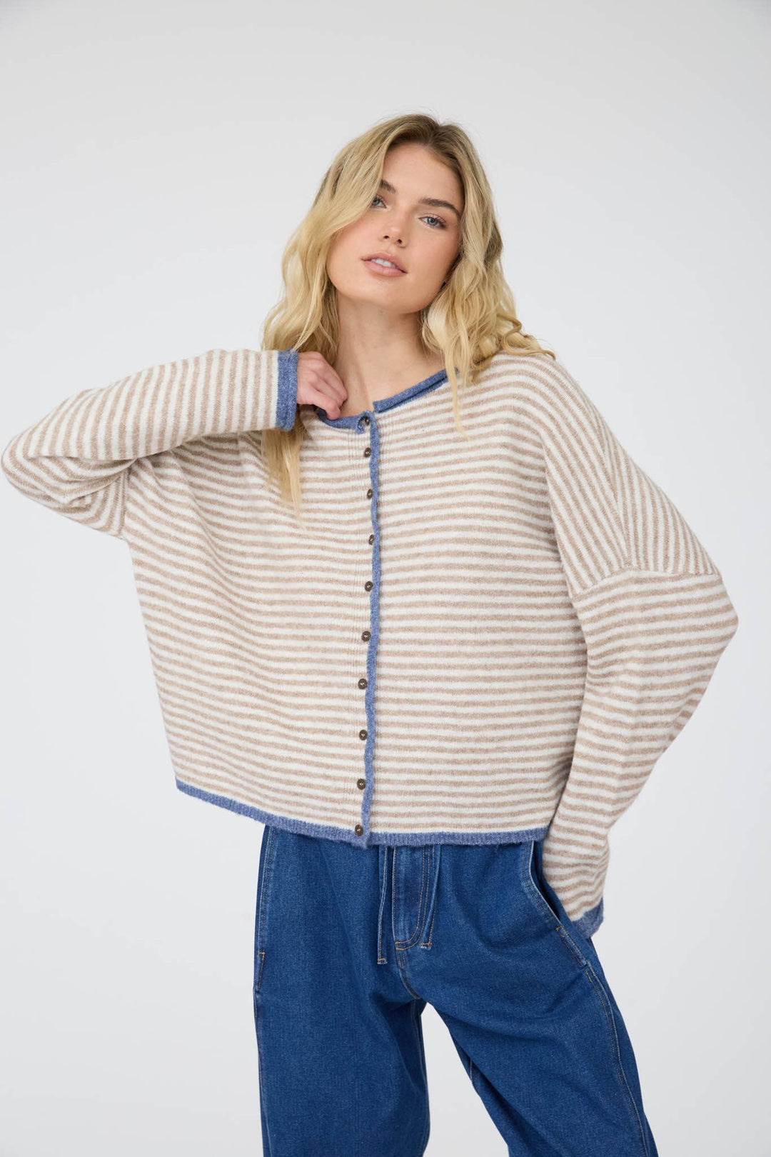 STRIPE RAW EDGE BUTTON DOWN LONG SLEEVE CARDIGAN - Baycreek & Co