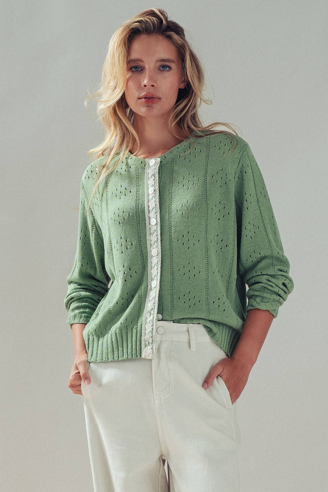 Pointelle Knit Cardigan Lace Trim Button Down - Baycreek & Co