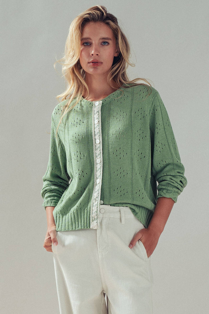 Pointelle Knit Cardigan Lace Trim Button Down - Baycreek & Co