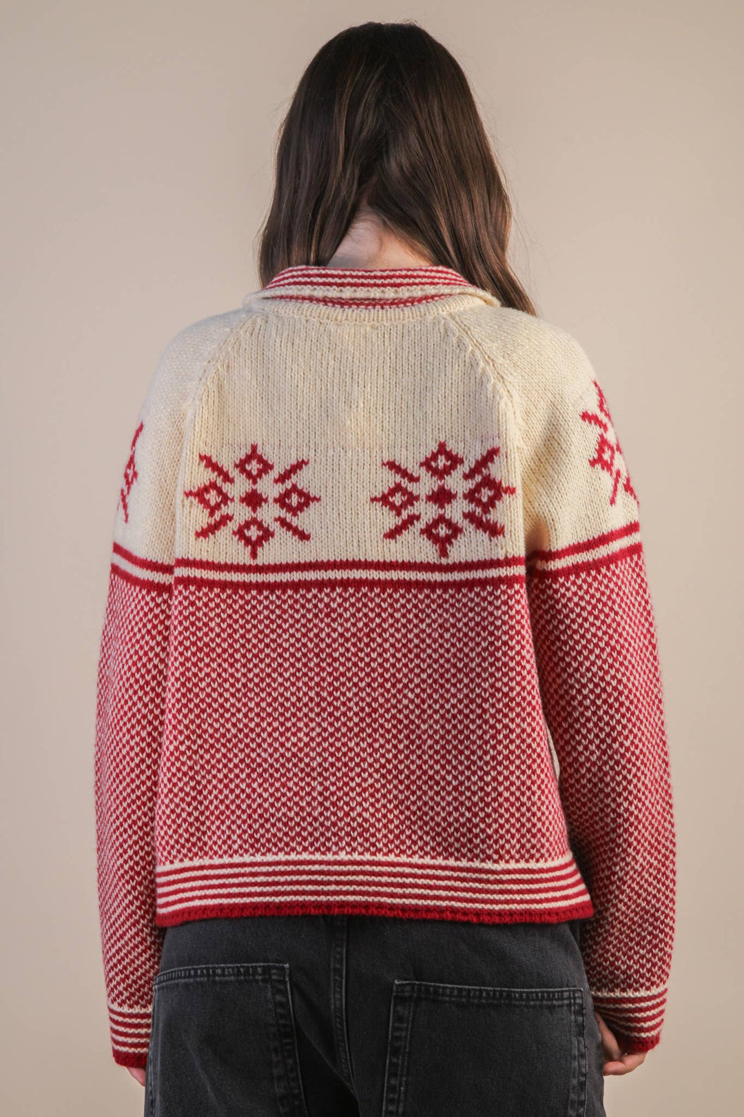 12W3511N-Graphic Collared Knit Sweater Cardigan: LATTE / S-M-L/2-2-2 - Baycreek & Co