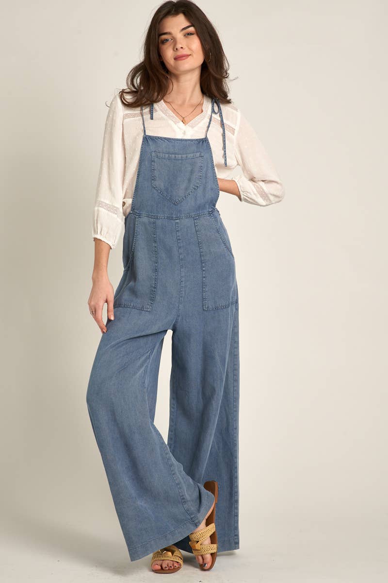 Tie Shoulder Soft Denim Jumpsuit