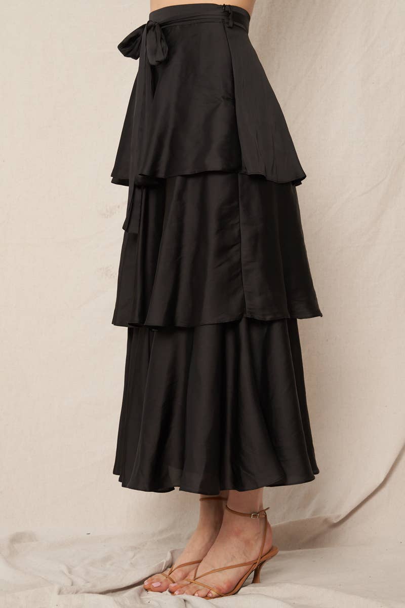 Belted Satin Tiered Midi Skirt