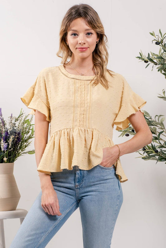 FLOUNCE HEM TEXTURED WOVEN TOP