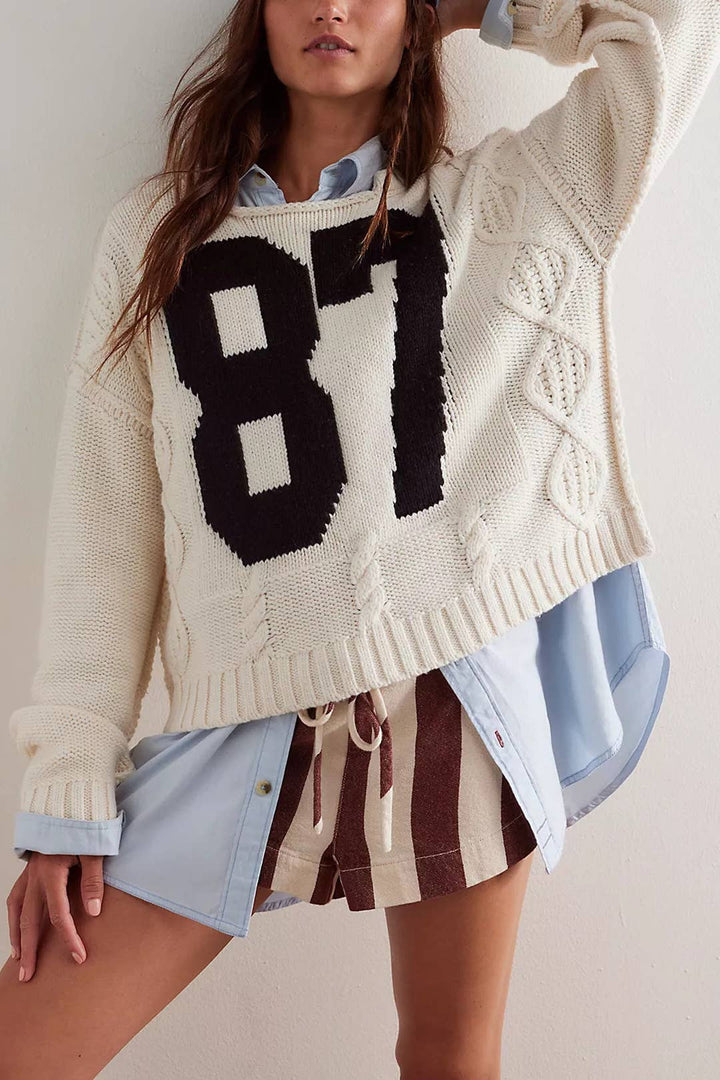 Cropped Cable-Knit 87 Graphic Sweater - Baycreek & Co