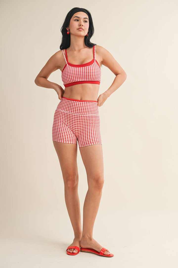 Gingham Print Double Layered Sports Bra - Baycreek & Co