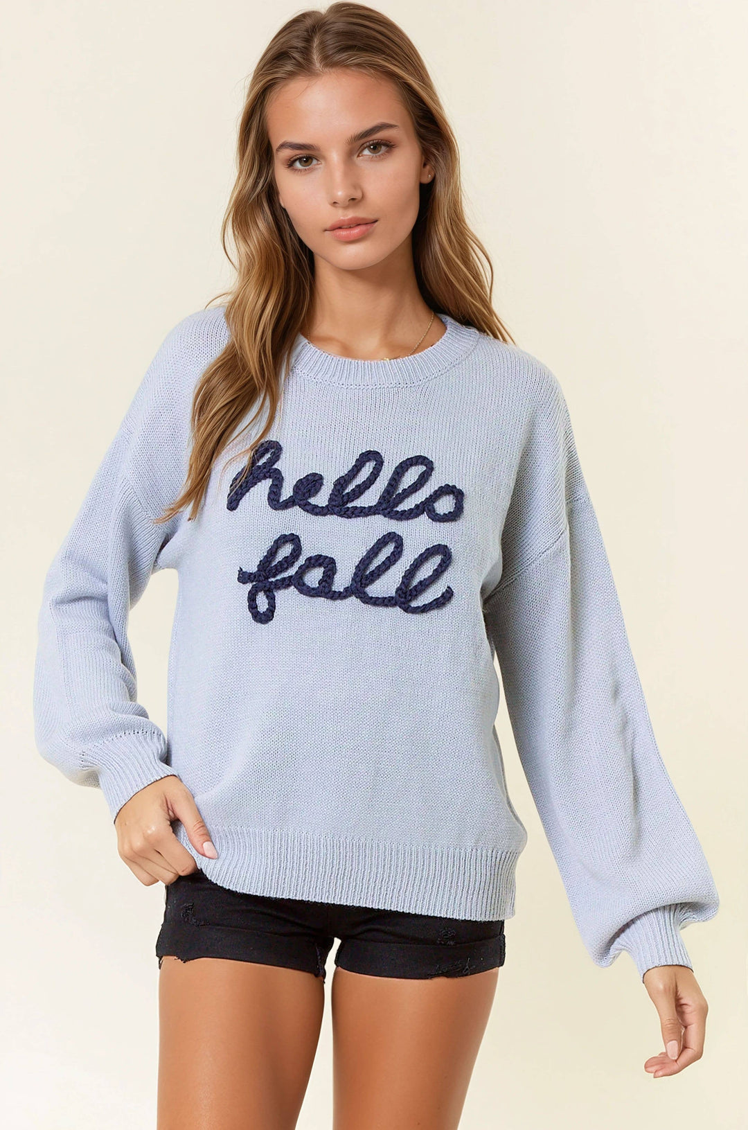“Hello Fall” Blue Sweater