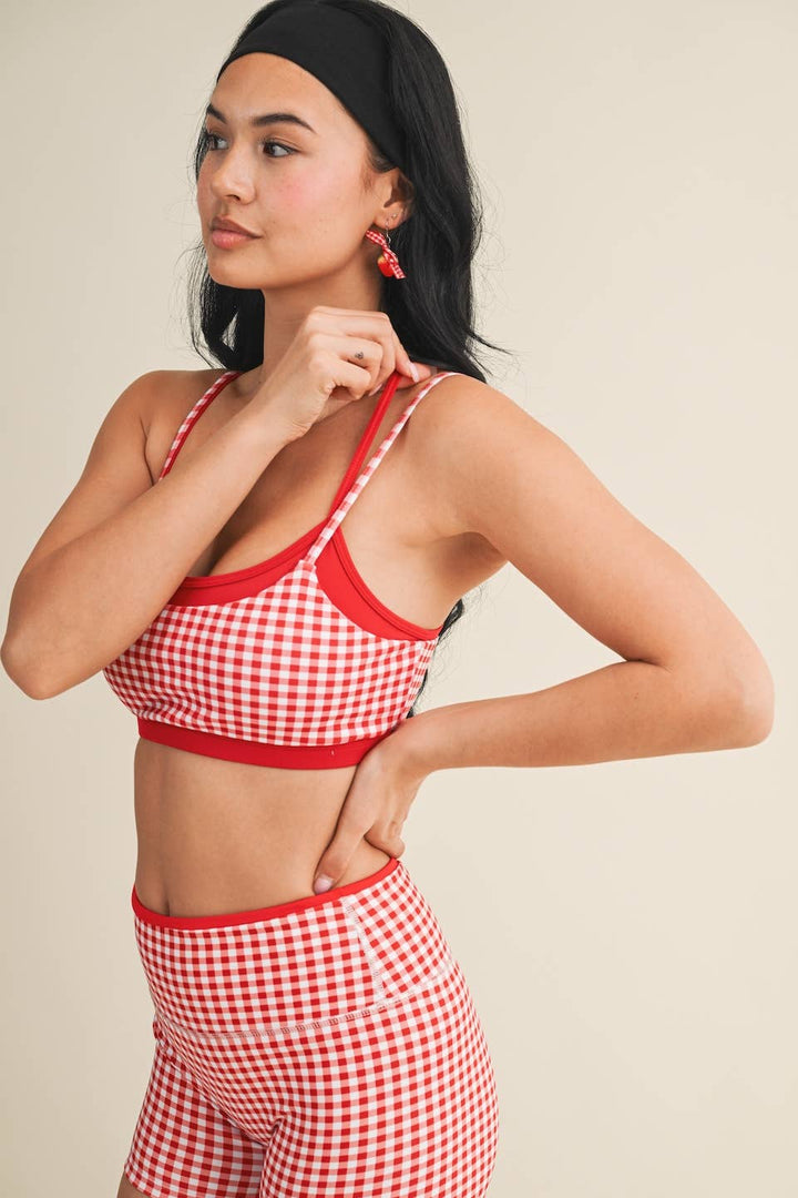 Gingham Print Double Layered Sports Bra - Baycreek & Co