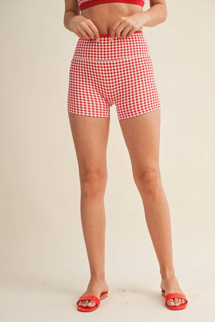 Gingham Print Contrast Binding Biker Shorts - Baycreek & Co