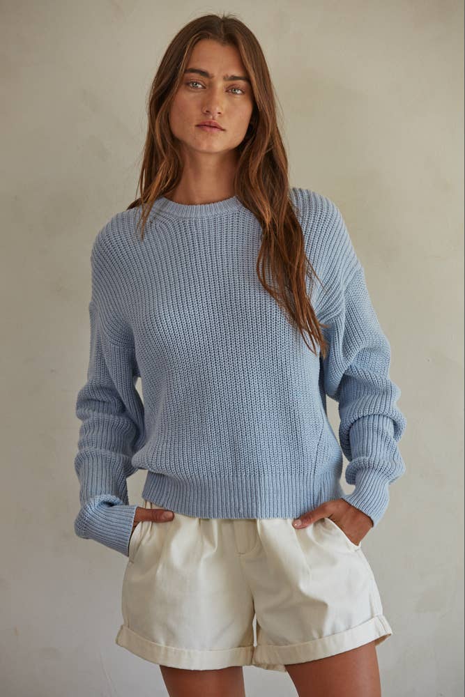 Mindy Knit Cotton Sweater Ribbed Long Sleeve Pullover Top