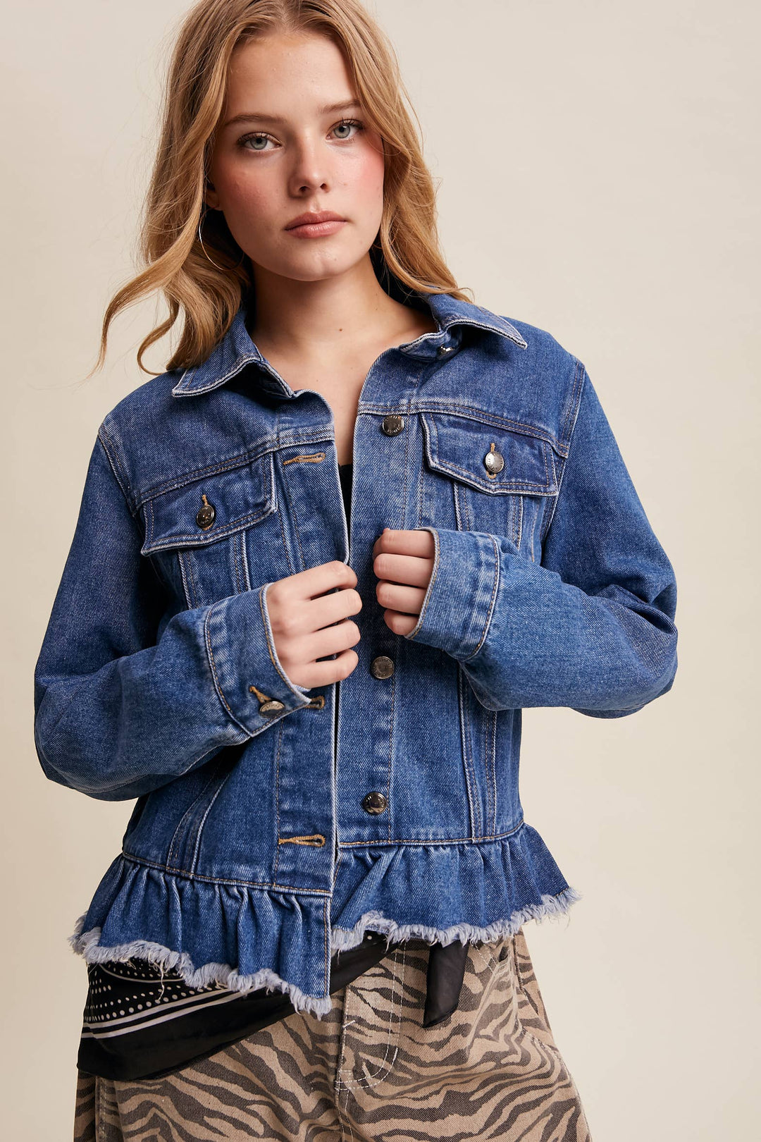 Ruffled Hem Denim Jacket - Baycreek & Co