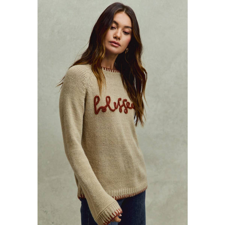 BLESSED THANKSGIVING LETTERING SWEATER TOP: OATMEAL/BRICK / M - Baycreek & Co