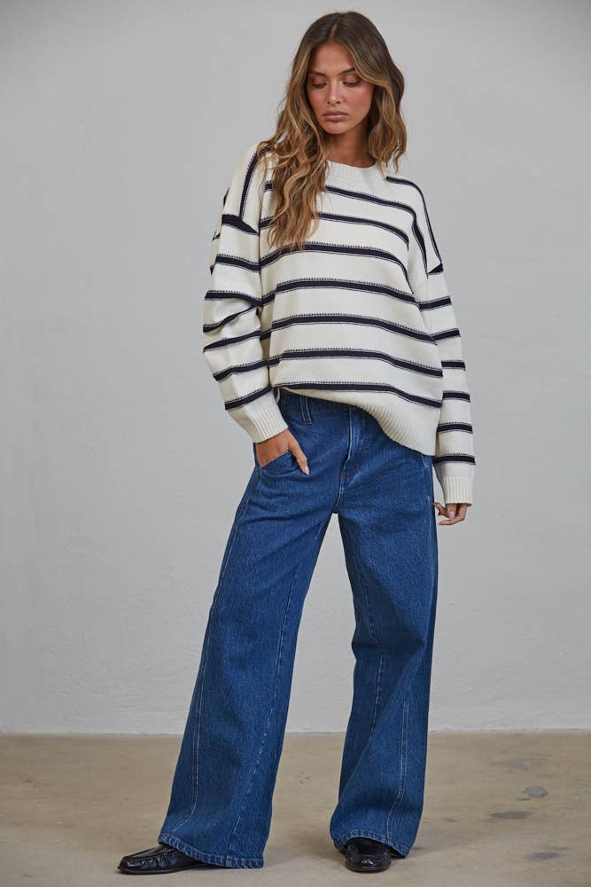 NSW3499 Nautical Stitch Stripe Oversized Sweater - Baycreek & Co