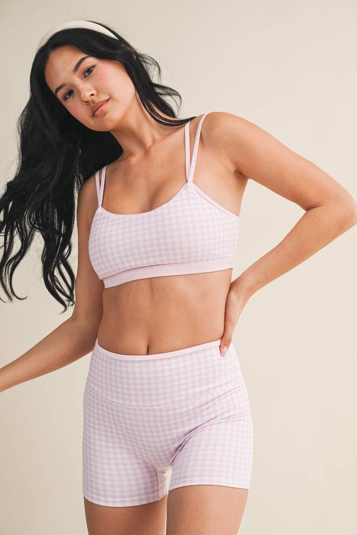 Gingham Print Double Layered Sports Bra - Baycreek & Co