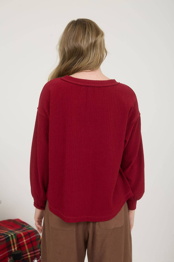 RIBBED HENLEY LONG SLEEVE EXPOSED SEAM KNIT TOP - Baycreek & Co