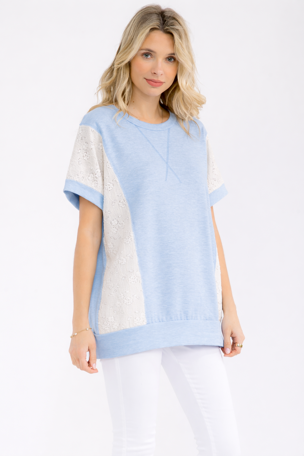 [PLUS SIZE] Contrast Floral Lace Short Sleeve Top T6225XL - Baycreek & Co