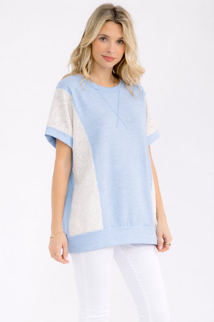 [PLUS SIZE] Contrast Floral Lace Short Sleeve Top T6225XL - Baycreek & Co