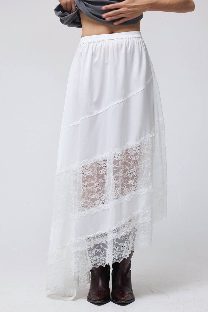 Lace Trim Asymmetrical Hem Satin Midi Skirt - Baycreek & Co