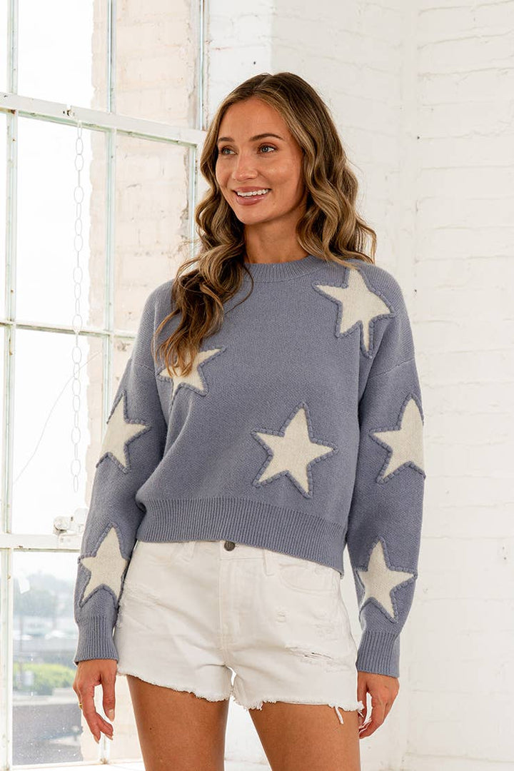 Crew Neck Sweater with Bold Star Print - Baycreek & Co