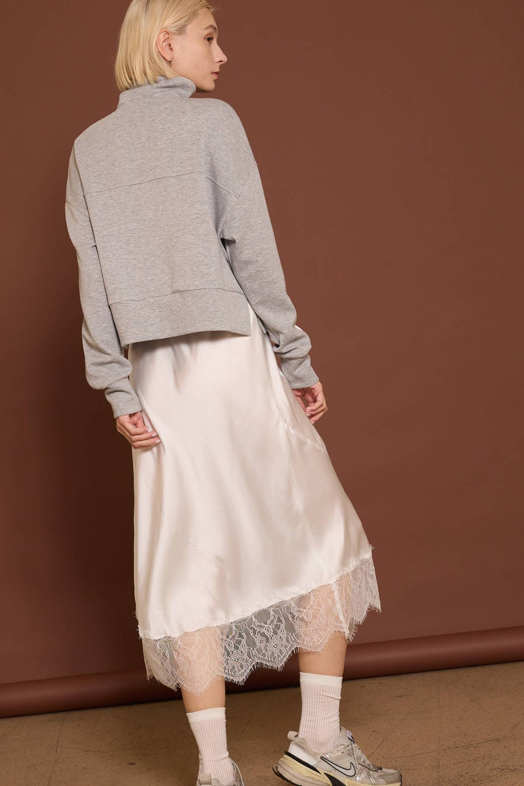Lace Trim Satin effect Comfy Slit Midi Skirt - Baycreek & Co