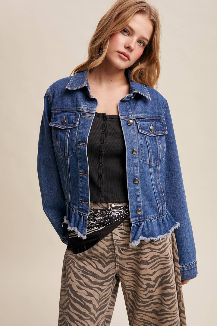 Ruffled Hem Denim Jacket - Baycreek & Co